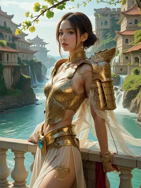 Make an image of a beautiful woman wearing gold armor