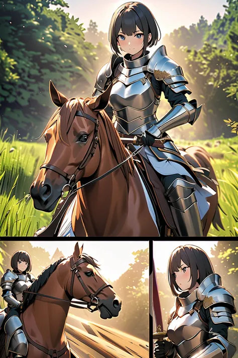 masterpiece, best quality, high resolution, dynamic angles, various angles, Japanese manga style, Japanese anime style, Western medieval fantasy style, A short-haired female warrior in metal-reinforced body armor riding a horse and wielding a large sword, ...