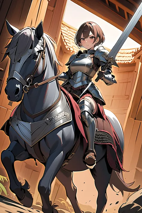 masterpiece, best quality, high resolution, dynamic angles, various angles, Japanese manga style, Japanese anime style, Western medieval fantasy style, A short-haired female warrior in metal-reinforced body armor riding a horse and wielding a large sword, ...