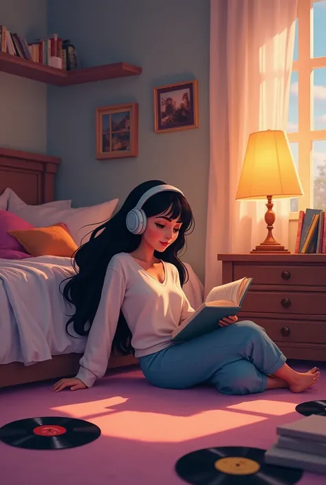 In Disney mode, pastel colors, a woman with long black hair lying on the carpet in a bedroom with music records all over the place., He has headphones on listening to music a bed and a lamp he is reading holding a book with his arms outstretched 