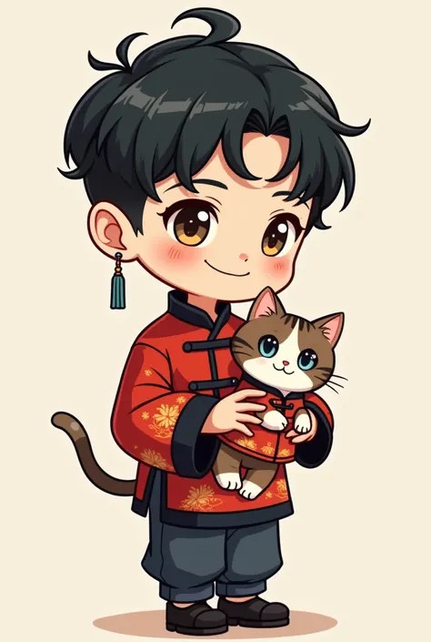 Anime, cartoon,chibi drawing ,   Teen Boys1   , Korean Style Dark สีน้ำตาล Short Hairstyle ผมแหวกกลางหน้าผาก , Ear Piercing , Wearing a vintage Chinese red black hanfu shirt , black shoes, ,Carrying,  British Shorthair Kitten Brown Fur Striped ,Blue-Yellow...