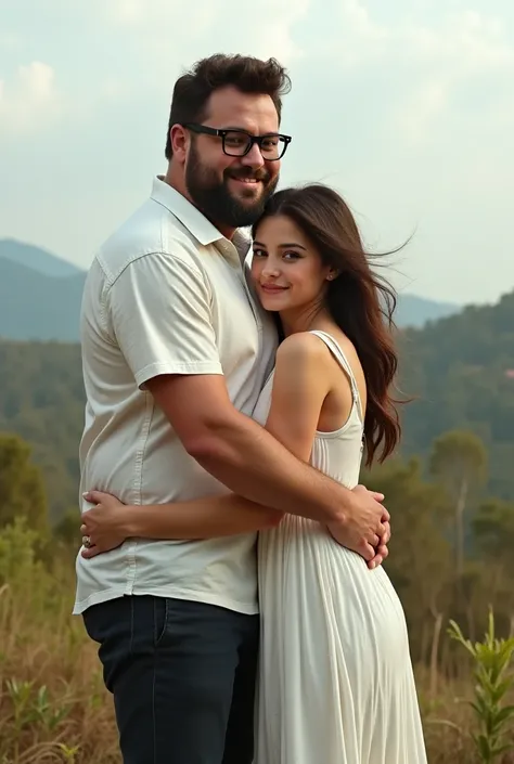 Tall chubby man  ,moreno, CALVO , with glasses hugging white woman  , chubby girl,  dark brown hair below the shoulder , seeds,  he in dress clothes and she dresses with a landscape of nature behind them