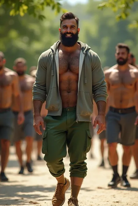 Barechested, very muscular young man, about 25 years old, tall, trim, not stocky, slim waist, Italian complexion and features, dark hair, full beard trimmed to short length, incredibly hairy chest and stomach, very hairy legs and arms, wearing green pants,...