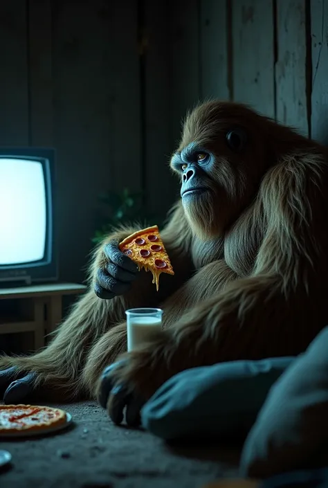 Bigfoot watching television eating pizza and drinking cow's milk at night