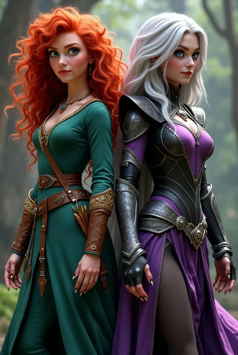 
Here’s a detailed and realistic description of Brave (Merida) and Sindel from Mortal Kombat standing side by side:

Merida, the fiery-haired Scottish princess, stands with a determined expression, her wild, curly red hair cascading around her shoulders li...