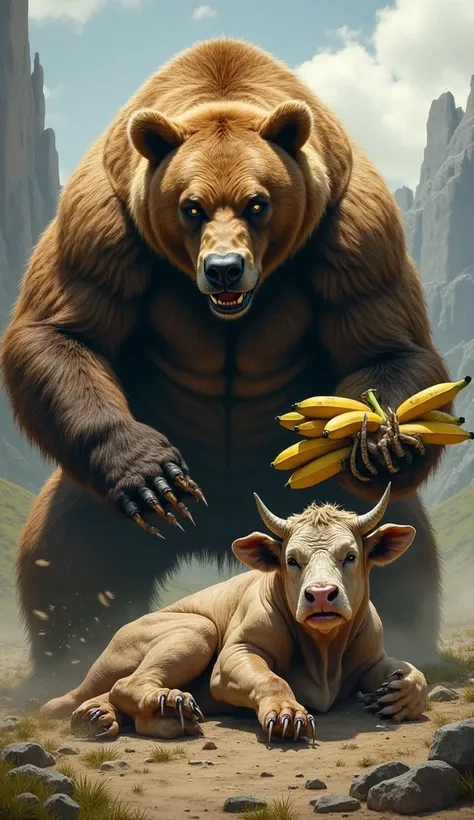 Cow Losing the Fight Against the Bear – The cow, exhausted and bruised, falls back while the bear overpowers it. The bear looks victorious while holding onto the stolen bananas.

