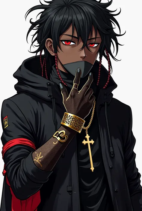  Black anime boy dressed completely in black with a cross on his arm and neck,  with dreadlocks and shiny red and gold chains on his arms .  Make his skin color black ,  give him fluffy curly dreads , Make it black with dreadlocks ,  he has a big black coa...