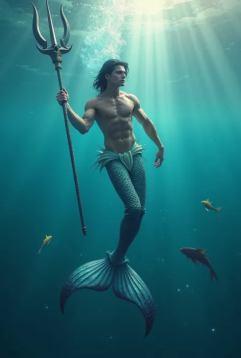 18-year-old young man with short black hair and blue eyes with a mermaid's body swimming in the open sea with a legendary trident , 