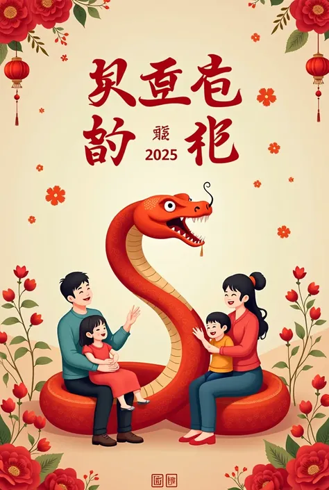 A chinese new year poster with a snake and family laughing or s playing to represent family warmth and gratitude and the year of snake with the writing "Xin Nian Kuai Le, Gong Xi Fa Cai, Wan Shi Ru Yi" and the year 2025, poster size

