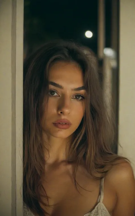  a beautiful 23-year-old woman, light brunette, close-up, Girl next door,  loose clothing, makeup, lips, cups, night,  messy hair ,  film grain, retro, Door 160 color,  filmed with ARRI ALEXA 65 ,  sharp focus on the subject , Fujifilm XT-3