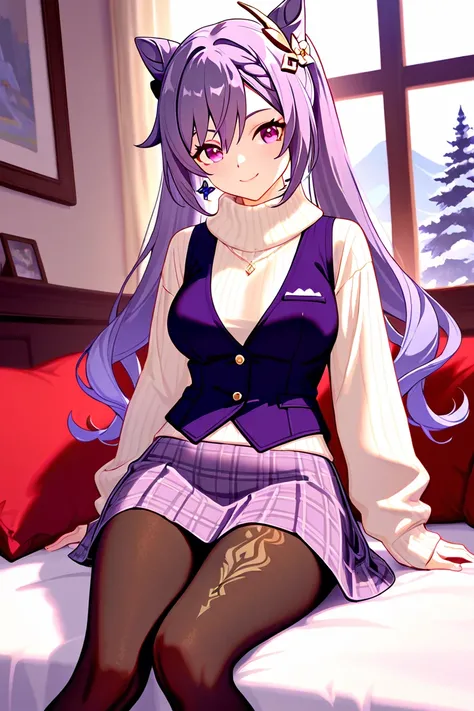 8k,masterpiece, best quality, ultra detailed, high resolution, super fine illustration,Keqing (Genshin impact), 1girl, solo, smile,purple eyes, purple hair, cone hair bun, double bun, braided bangs, long hair, medium breasts, winter fashion outfit, waistco...