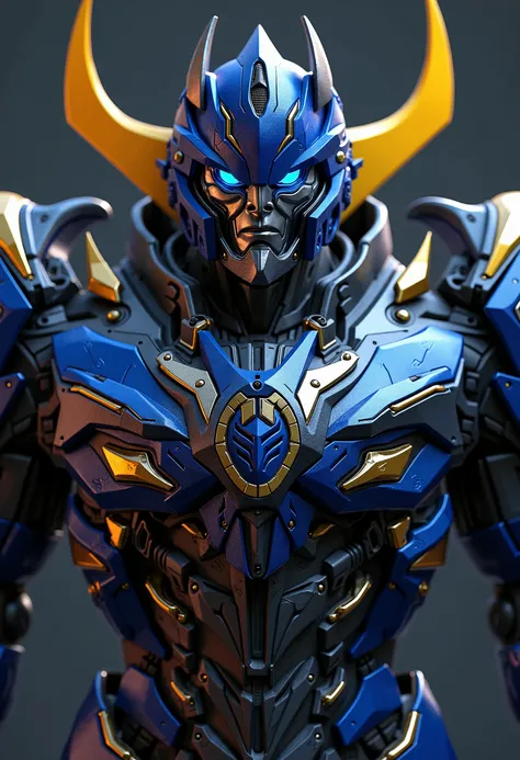 a highly detailed 3d render of Bladezer Prime, a male Autobot with a powerful upper body, detailed blue armor with the iconic Autobot logo, piercing blue eyes, aerodynamic blue airplane-inspired armor, sleek yellow wings, a black high-tech suit, photoreali...