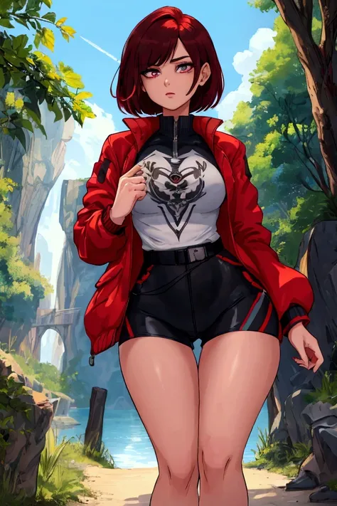 A young woman with an hourglass figure and short bob-style hair, dark in color with crimson red highlights, frames her face with an air of confidence and determination. Her eyes, large and deep amber, reflect curiosity and courage. She wears a light jacket...