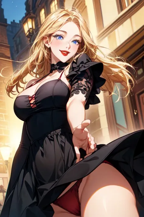 (( best quality)), (( masterpiece)), ( ultra detailed ), 1 girl, ((with black evening dress)), (( blond hair)), (( blue eyes)), ((neckline)), (( Big breasts)), ((Red panties,negro)), (( red lips)), ((happy face)), (( watching the spectator)), (( Front view...