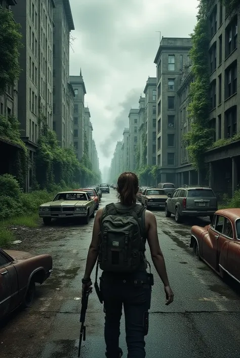  first-person image of a survivor walking in the middle of a city street with very tall concrete buildings abandoned deteriorated and rounded with smoke coming out of the wide and broken windows,  there is vegetation growing in every building and on the st...