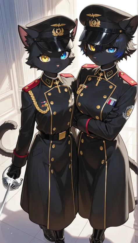 masterpiece,  top quality,  Amazing Quality ,   Very Aesthetic ,  high resolution,  Super Detail,   is ridiculous,   from above、Black fur、two black cat sisters(adult woman and )、 height difference,  rainbow heterochromia(Blue eyes and yellow eyes)、 like fu...