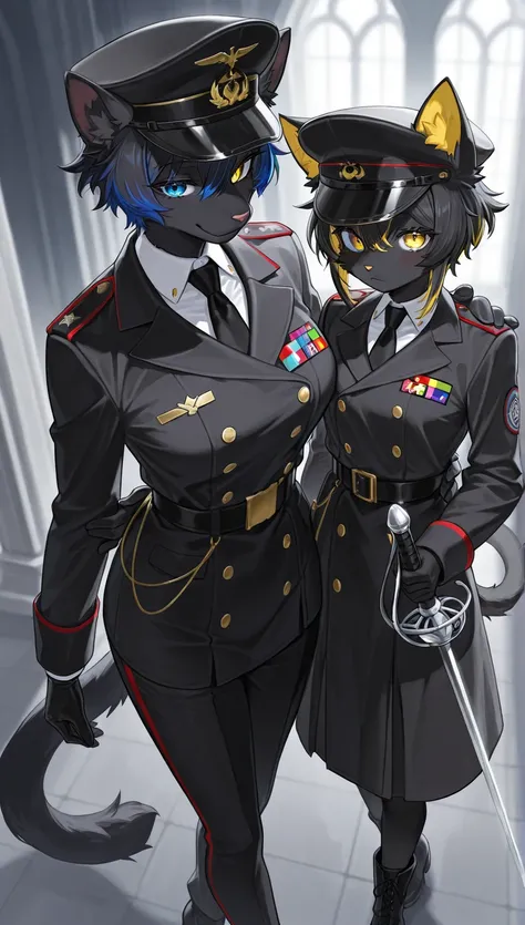 masterpiece,  top quality,  Amazing Quality ,   Very Aesthetic ,  high resolution,  Super Detail,   is ridiculous,   from above、Black fur、two black cat sisters(adult woman and )、 height difference,  rainbow heterochromia(Blue eyes and yellow eyes)、 like fu...