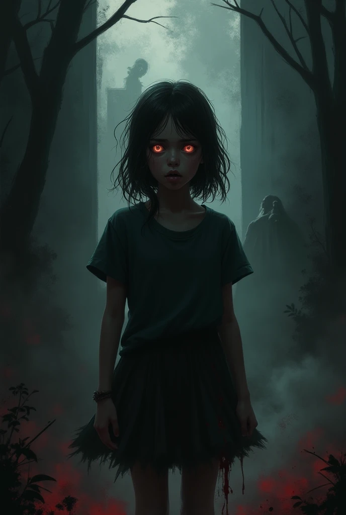 Horror background with explainer girl

