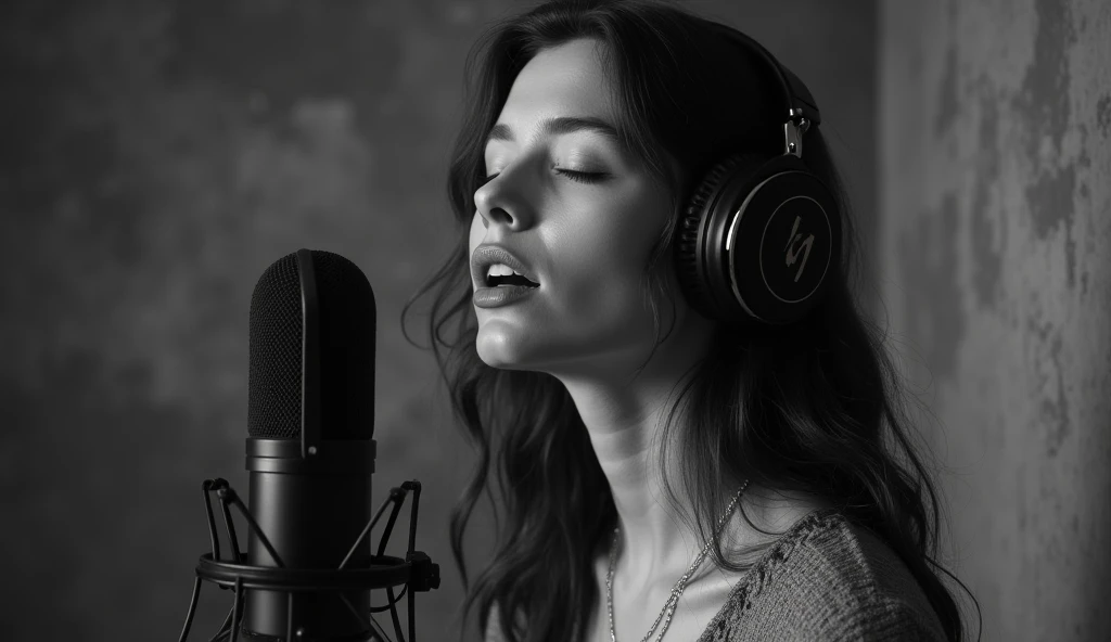  ultra-realistic black-and-white portrait 、An 18-year-old Scandinavian woman 、 sings with her eyes closed and her mouth firmly open、Wearing a necklace、 standing in front of a vintage microphone with headphones in her ears 、 textured concrete background gen...