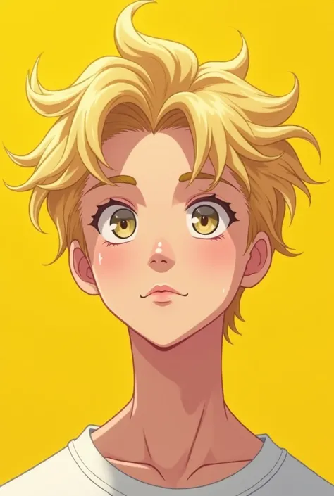  Kawaii aesthetic anime blond man's face image. Strong yellow solid pastel background  