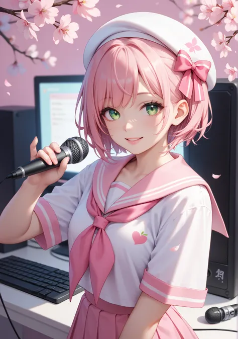  girl,  pink sailor suit, semi-long,  Pale Skin,   pink hair color ,  Straight Hair  ,  green eyes,  Slanted Eyes  ,  pink beige lips,  Computer Classes , Her bangs are tied up, standing, smile, short hair, slender, idol, white beret,whole body,Cherry blos...