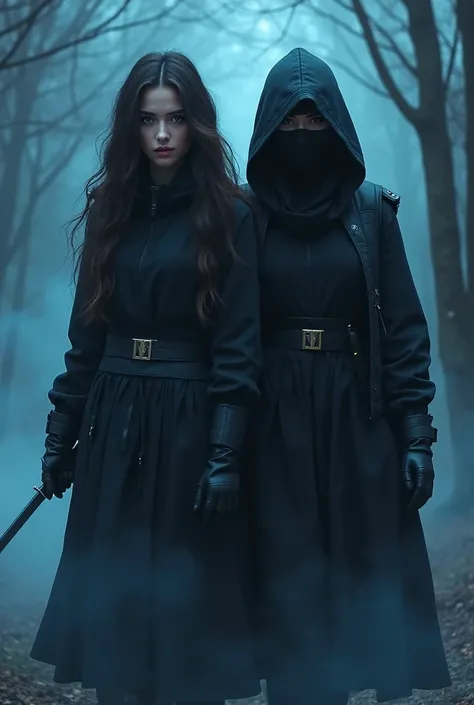 Create a book cover with the title, 'Nightwalker'. Make it darker with bluish smoke lingering. The main character, twin ladies. The one is a normal country girl, and the other one is a ninja type, mask on and hoodie on with some armors in her back. Dressed...