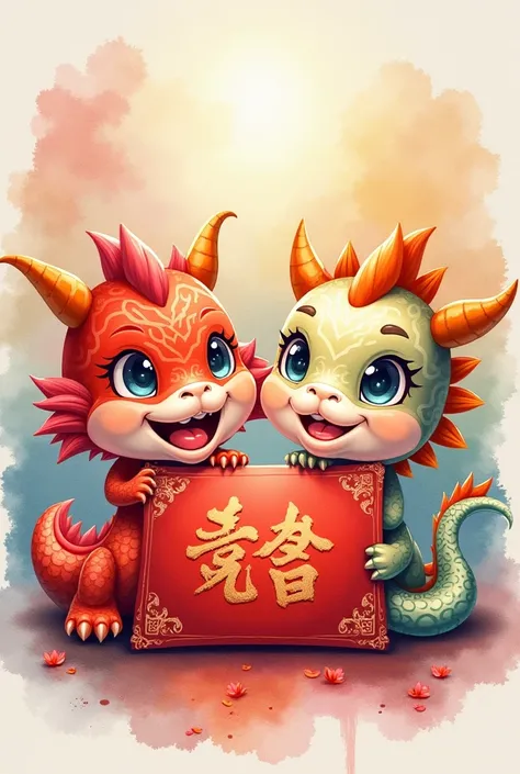 Happy lunar new year with cute dragon face and snake face, red envelope, watercolour art style