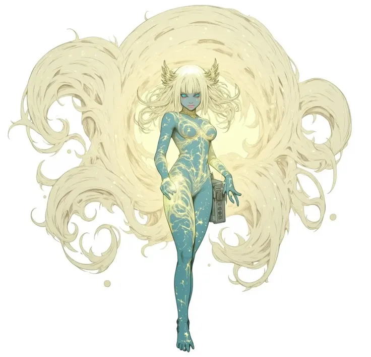  high resolution image  ,  masterpiece,  best quality,  incredible quality,  official art  ,  alone,  a thin woman  , entity,  shiny bluish white hair  , cabelo gigantesco floating,  shiny white marks all over the body,  bright blue transparent skin  , cya...