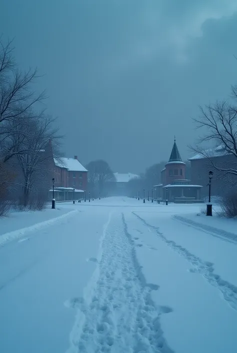 An empty, frozen village square with untouched snow and a dark, ominous sky overhead, giving a sense of eerie emptiness