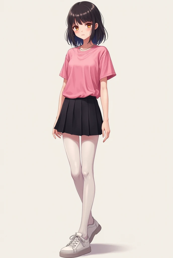 Femboy in pink half t-shirt with black skirt white tights white shoes adult anime format