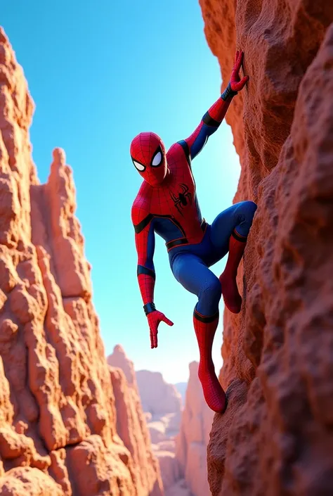 "In a vibrant rocky canyon under a clear blue sky, Spider man scratching the rock".