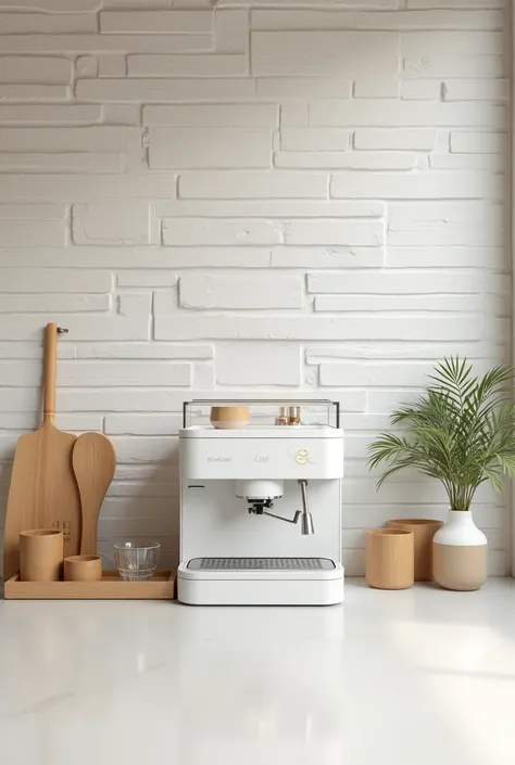 Modern White stone cut wall texture, with bamboo finished fittings, white espresso machine and bamboo glassware bakery cafe, with wide space