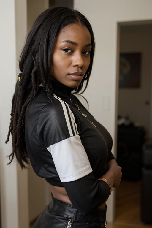 African black woman, very dark ebony skin, dreadlocks, Fitness musclular body, leather tracksuit, close-up portrait, corridor 