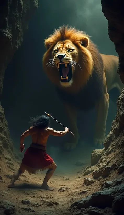  A dark cave deep in the Nemean Mountains .  The Nemean Lion emerges roaring ,  with a golden mane and glowing eyes . Hercules,  a muscular man,  long black hair ,  in combat position, Shoot an arrow that bounces uselessly against the lion's skin.  The sce...