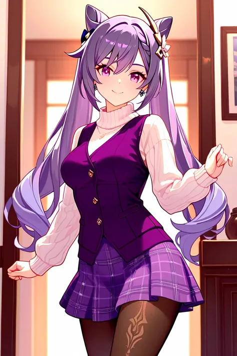 8k,masterpiece, best quality, ultra detailed, high resolution, super fine illustration,Keqing (Genshin impact), 1girl, solo, smile,purple eyes, purple hair, cone hair bun, double bun, braided bangs, long hair, medium breasts, winter fashion outfit, waistco...