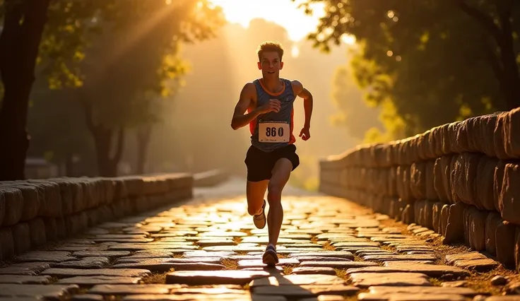 "A young runner in athletic wear sprinting through an ancient stone pathway, symbolizing the balance between physical endurance and mental fortitude. The lighting is dramatic, with sun rays filtering through trees, adding depth and emotion to the scene."