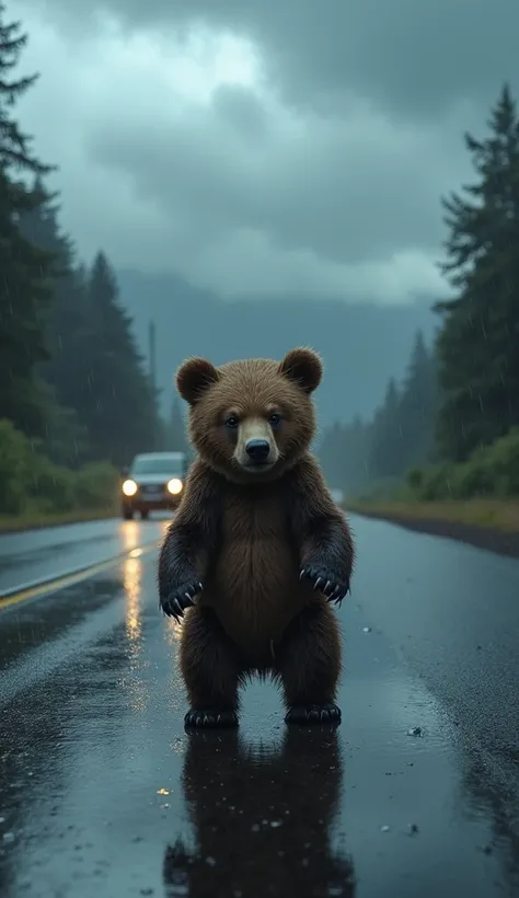 A baby bear standing on a wet, reflective road during a rainy day. The bear looks concerned, with storm clouds and a car in the distance.

Dramatic + cinematic + full detailed 