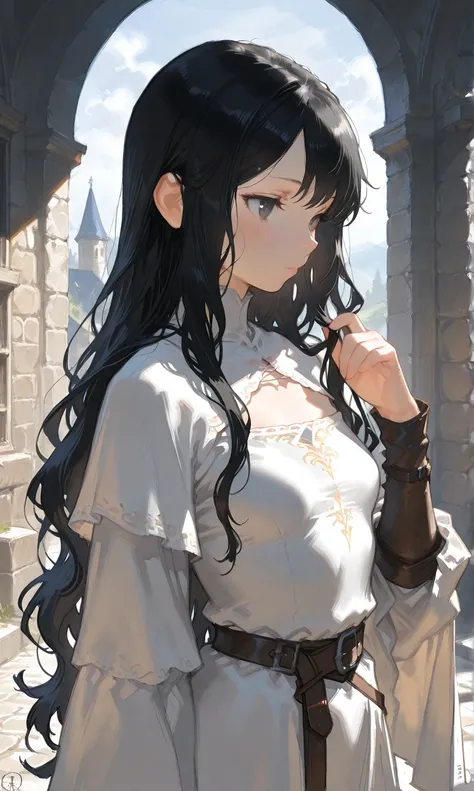 score_9,score_8_up,score_7_up, source_anime,safe, 1girl, solo, small breasts, Photo in 4K resolution, masterpiece, best quality, amazing quality, very aesthetic, absurdres, HDR, UHD, ISO 3200k, fantasy, medieval,
Black hair, cute girl,
slightly wavy medium...