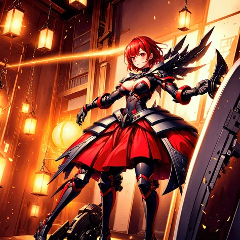 (((Best resolution, Textured skin, high quality, Precise CG unification, game CG))), Solo, woman, red short hair, detailed red eyes, Are standing, full body dress armor, Are standing, fighting, front view, magic,