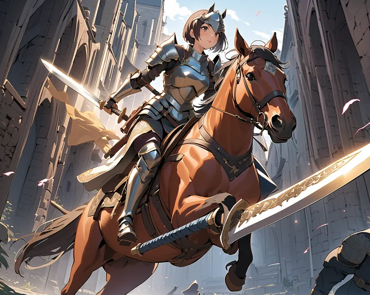 masterpiece, best quality, high resolution, dynamic angles, various angles, Japanese manga style, Japanese anime style, Western medieval fantasy style, A short-haired female warrior in metal-reinforced body armor riding a horse and wielding a large sword, ...