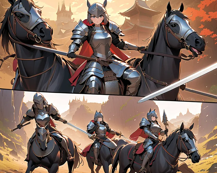 masterpiece, best quality, high resolution, dynamic angles, various angles, Japanese manga style, Japanese anime style, Western medieval fantasy style, A short-haired female warrior in metal-reinforced body armor riding a horse and wielding a large sword, ...