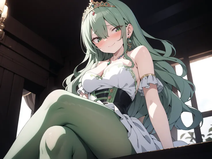 hisui, long hair, green eyes, green hair, hair between eyes, 
dress, green transparent pantyhose, detailed pantyhose, cleavage, bare shoulders, jewelry, earrings, necklace, tiara, crown,
(best quality, masterpiece), (1 girl, solo, female, cute, beautiful, ...