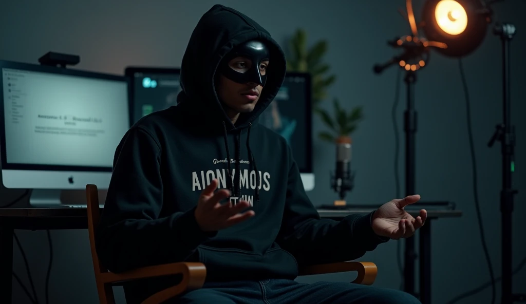 "An anonymous Indian young man sitting on a chair in his modern YouTube studio, wearing a black hoodie with the text 'ANONYMOUS IITian' written on it. His face is completely hidden by shadows or a mask, maintaining a mysterious identity.  

He is gesturing...