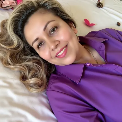 

there is a woman  lying on a bed with a purple shirt en un campo de flores,  an image inspired by Gina Pellón , reddit, tachisme, 3 0 year old woman ,  30-year-old female, lorena avarez, 38 years old,  profile picture , profile picture, ayahausca,  lying...