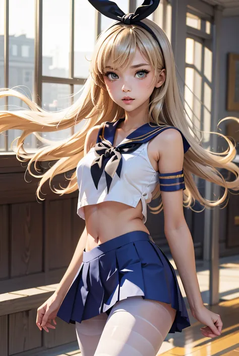 ( masterpiece,  best quality), 1 ,    SkanColle ,  gray eyes ,  hairband ,  blond hair,  sailor uniform , tissue, short top, shezfe , elbow shezfe  , White Shezfe  , navel, blue skirt,  pantyhose, striped, striped  pantyhose