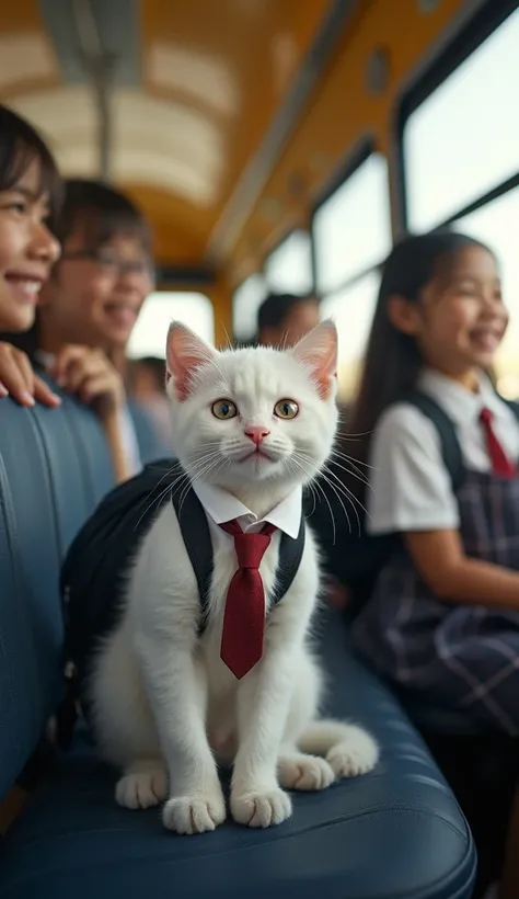 A highly realistic photo of a white kitten sitting inside a school bus, wearing a properly fitted school uniform, including a tiny shirt, tie, and backpack. The kitten appears natural, with soft fur details and expressive eyes, as it sits on a bus seat. It...