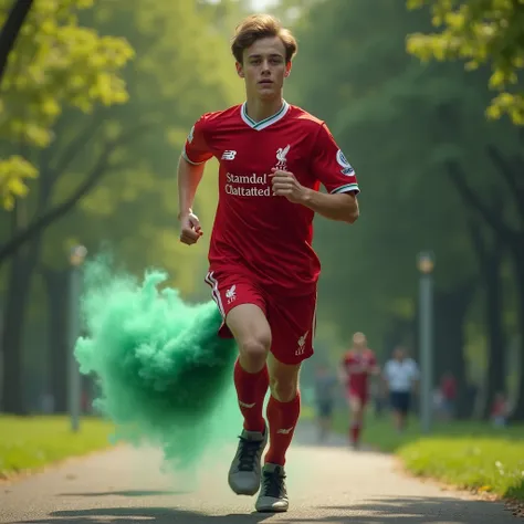   teenager is jogging wearing liverpool jersey ,  very thick dark green gaseous fart coming out of the back of his pants, background is in the park  
