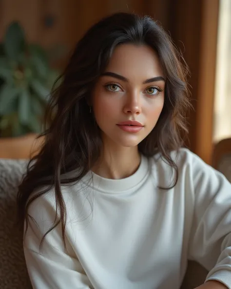 an hyper-realistic portrait of a 18 years old girl sitting on a comfortable sofa in a warm and cozy living room, captured in full body within the frame of the photo. her very large almond-shaped and persian eyes are a striking light gray color accentuated ...