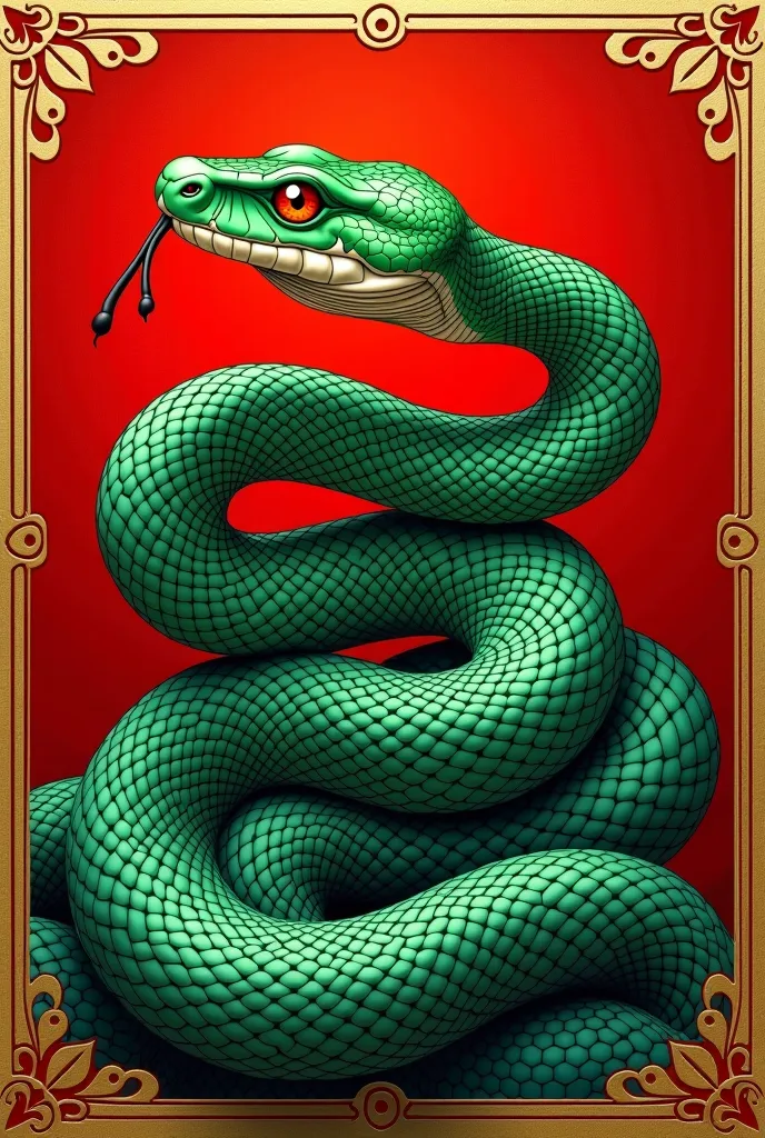 a close up of a snake on a red background with a gold border, an illustration of by Jeanna bauck, shutterstock, cobra, snake art, snake, green snakes background, highly detailed snakes, an amalgamation of a snake, coiled realistic serpents, snake is surrou...