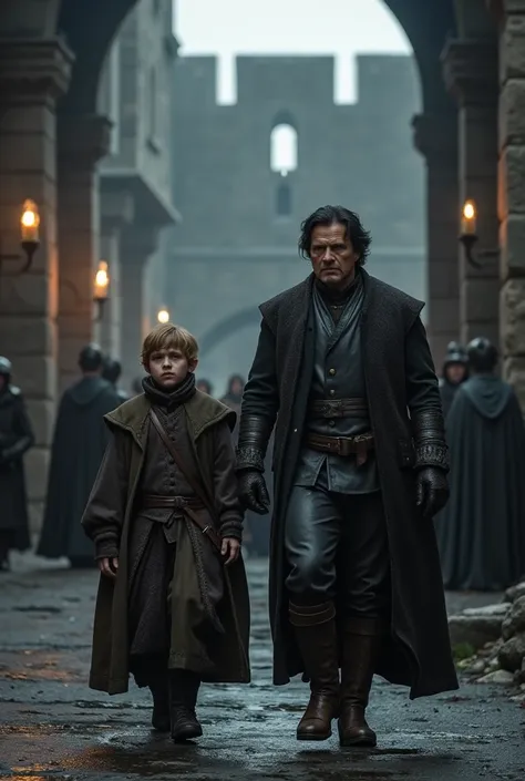 Game of Thrones, Medium size white American male with short black hair who's forty years old wearing Game of Thrones clothes walking With the dwarf Tyrian Lannister in Harrenhal and Guards and torches on the wall